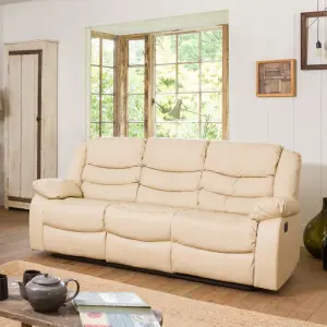 Brooklyn 211cm Wide Cream 3 Seat Bonded Leather Reclining Sofa with Waterfall Back Design