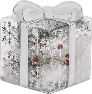 Decorative Present LED Decoration - Clear Festive Christmas Light Up Gift Box Ornament with Silver Ribbon & Bow - 10 x 12 x 12cm