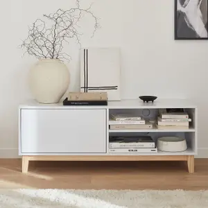 sweeek. 1-drawer TV unit with wooden legs Floki White 120x40x45 cm