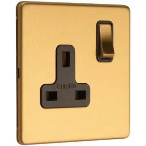 1 Gang DP 13A Switched UK Plug Socket SCREWLESS SATIN BRASS Wall Power Outlet