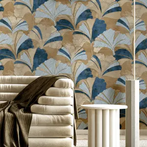 Galerie Stratum Collection Metallic Blue/Gold Ginko Leaf Double Width Wallpaper Roll