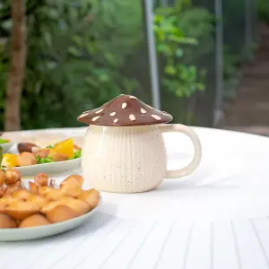 Stoneware Mug Mushroom Lid Novelty Cup Unique Decorative Drinkware Brown 400ml