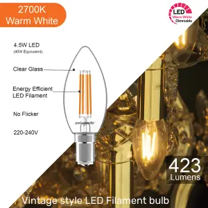 paul russells LED Filament Dimmable Candle Bulb, SBC B15, 4.5W 470 Lumens, 40w Equivalent, 2700K Warm White, Pack of 10