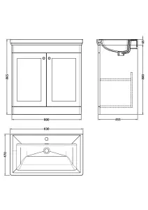 Traditional Floor Standing 2 Door Vanity Unit with 1 Tap Hole Fireclay Basin, 800mm - Satin Grey