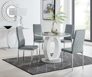 Giovani Round 4 Seat 100cm White High Gloss Halo Base Grey Glass Top Dining Table 4 Grey Faux Leather Silver Leg Milan Chairs