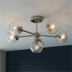 6 Light Semi Flush Ceiling & 2x Matching Wall Lights - Bright Nickel Clear Spiral Patterned Shade