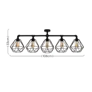 ValueLights Industrial 5 Way Satin Black Pipework Ceiling Light With Black Cage Shades