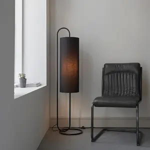 Matt Black Oval Floor Lamp & Black Fabric Shade - 1360mm Height - Standing Light