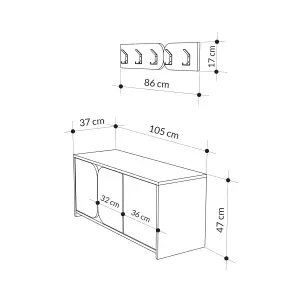 Decortie Modern Moni Shoe Cabinet White-Retro Grey 3-Door Storage Cabinet with 5-Hook Organiser Set Fabric Seat