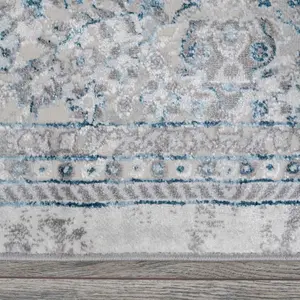 Blue Grey Traditional Medallion Bordered Living Runner Rug 70x240cm