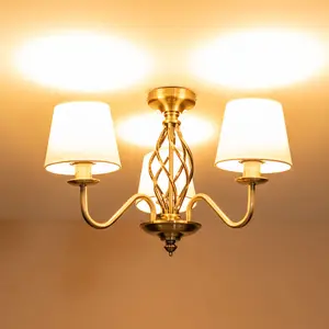 ValueLights Memphis Traditional Antique Brass 3 Light Ceiling Light Chandelier with Fabric Lampshades - Bulbs Included