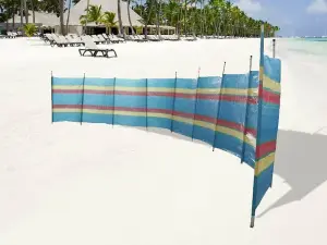 7 Pole Windbreak Wooden Multicolor Blue Stripe Tall Windbreaker Folding Garden Camping Beach Picnic Holiday Privacy Sun Screen