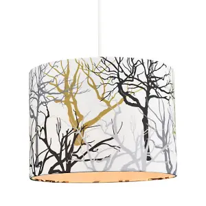 Modern Off-White Lamp Shade with Silver Gold and Black Woodland Trees Decoration