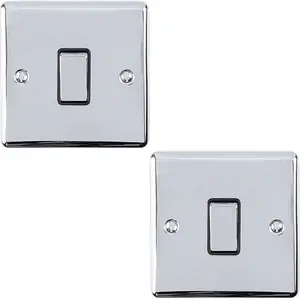 2 PACK 1 Gang Single Metal Light Switch POLISHED CHROME 2 Way 10A Black Trim