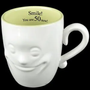 Smiling Face Mug Tea Coffee Ceramic Cup Gift Set Fine China Novelty New 3D  Birthday Message 50 Years