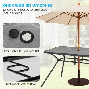 Costway Patio Rectangle Dining Table Outdoor Table w/ Umbrella Hole Marble-Like Tabletop