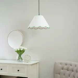 ValueLights Florie Large Easy Fit Natural Linen Tapered Light Shade with Green Scallop Trim - LED Bulb Included