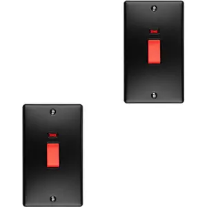 2 PACK 2 Gang Double 45A DP Switch Neon - MATT BLACK & BLACK Vertical Rocker