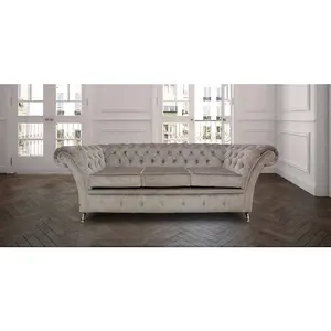 Chesterfield 3 Seater Sofa Settee Perla Illusions Grey Fabric In Balmoral Style