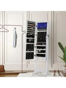 SONGMICS LED Jewelry Cabinet, Full Length Mirrored Jewellery Armoire, Lockable Jewellery Organiser With 2 Drawers