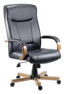 Kingston Executive Chair in Black Bonded Leather, with Light Wood Finish and Seat Height Adjustment and Tilt