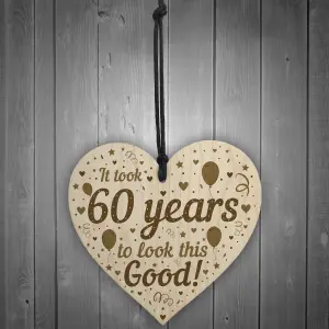 Red Ocean Funny 60th Birthday Gifts For Women Men Wooden Heart 60th Birthday Decoration Keepsake Friendship Gift