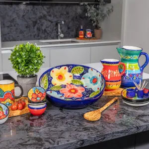 Classic Spanish Hand Painted Pattern Kitchen Dining Decor Large Bowl (Diam) 30cm Red/Yellow Flower