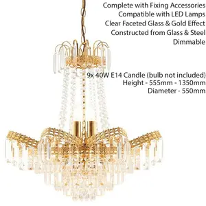 Hanging Ceiling Pendant Light GOLD & GLASS 9 Light Chandelier Lamp Bulb Fitting