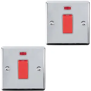 2 PACK 1 Gang 45A Oven Cooker Switch Neon - POLISHED CHROME & GREY Rocker DP