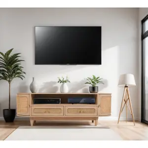 Berma Cane & Mango Wood 2 Drawers and 2 Door TV Cabinet UPTO 60 INCH