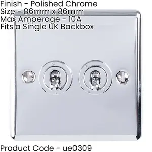 3 PACK 2 Gang Double Retro Toggle Light Switch POLISHED CHROME 10A 2 Way Plate