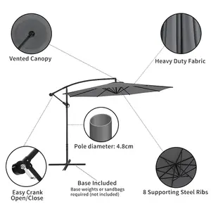 3M Large Rotatable Garden Sun Shade Cantilever Parasol Patio Hanging Banana Umbrella Crank Tilt with Cross Base, Dark Grey