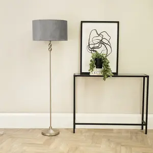 ValueLights Maggie Brushed Chrome Candlestick Floor Lamp with Grey Velvet Lamp Shade and LED Bulb