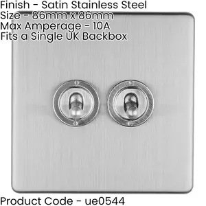 5 PACK 2 Gang Double Retro Toggle Light Switch SCREWLESS SATIN STEEL 10A 2 Way