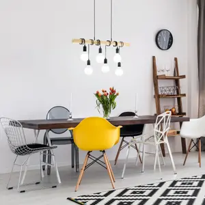 Hanging Ceiling Pendant Light Black & Wood 6x E27 Kitchen Island Multi Lamp