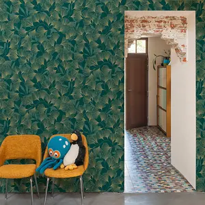 Grandeco Gingko Leaf Textured Metallic Wallpaper, Green