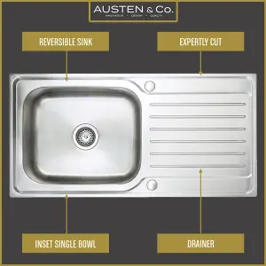 Austen & Co. Florenzo Large Stainless Steel Inset Reversible Single Bowl Kitchen Sink With Drainer, Lifetime Guarantee