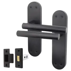 AFIT Matt Black Door Handle Latch Set - 1 Pair of Internal Lever Latch T-Bar Handles on Backplate & Latch (64mm) - Olvera Range