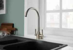 Deva Carlow Dual Lever Kitchen Sink Mixer Tap In Brushed Chrome - Sleek & Durable Swan Neck Design - With Swivel Spout