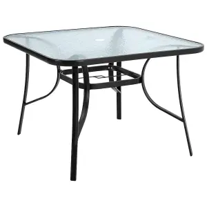 Black Square Tempered Glass Tabletop Metal Outdoor Garden Coffee Table with Parasol Hole 105 cm