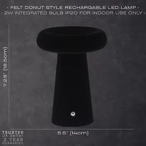 Designer Soft Black Felt Rechargeable Lamp with Donut Shade 3-Way Touch Dimmable