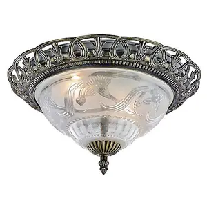 Traditional and Classic Antique Brass and Floral Glass Flush Ceiling Light