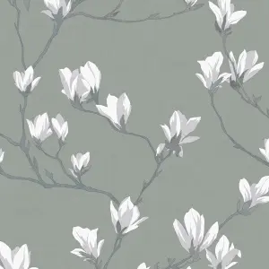 Laura Ashley Magnolia grove Slate Floral Smooth Wallpaper Sample