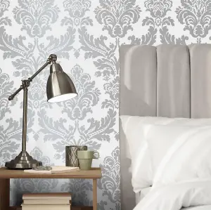 Silver Grey Damask Wallpaper Floral Feature Vintage Retro Metallic Smooth Finish