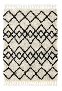 Ivory Charcoal Geometric Rug, 50mm Thick Handmade Rug, Shaggy Moroccan Rug, Modern Rug for Bedroom-80cm X 150cm