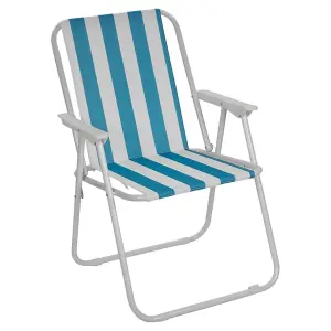 URBNLIVING 76cm Height 2pcs White & Blue Stripe Garden Patio Metal Folding Chairs Camping Beach Picnic Outdoor Seats