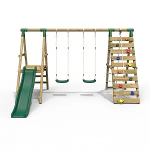 Rebo Wooden Swing Set with Deck and Slide plus Up and Over Climbing Wall - Jade Green