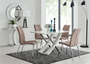 Furniturebox UK Mayfair 4 White High Gloss And Stainless Steel Dining Table And 4 Cappuccino Isco Chairs