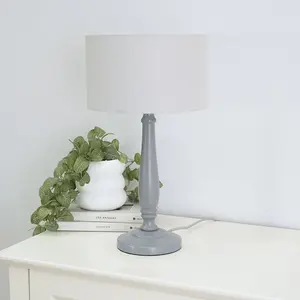 ValueLights Victoria Traditional Grey Wood Candlestick Table Lamp with Grey Drum Shade