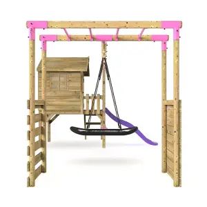 Rebo Orchard 4ft Wooden Children's Playhouse, Swings, Monkey Bars, Deck & 6ft Slide - Double Swing - Sage Purple